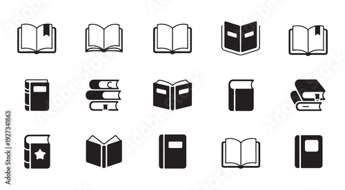 Minimalist book icons featuring open pages bookmarks and professional covers for digital library services