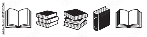 Collection of black and white book stack and open volume illustrations for academic branding and projects