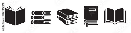 Bold black silhouette icons of books for educational apps and library database interface design elements