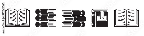 Detailed line art icons representing books and literature for bookstore logos and academic flyer designs