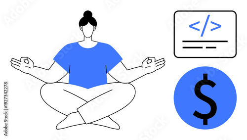 Wellness, financial stability, technology integration, work-life balance, coding, productivity. Person meditating with coding and dollar symbols. Wellness and financial stability concept