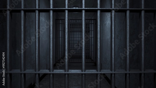 Prison interior. Jail cells and shadows, dark background. 3d illustration 
