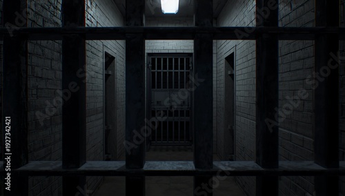 Prison interior. Jail cells and shadows, dark background. 3d illustration 