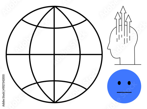 Global connectivity. Visual ation of interconnectedness through a globe, human mind innovation with arrows, and emotion with a neutral face. Global connectivity in technology and human progress