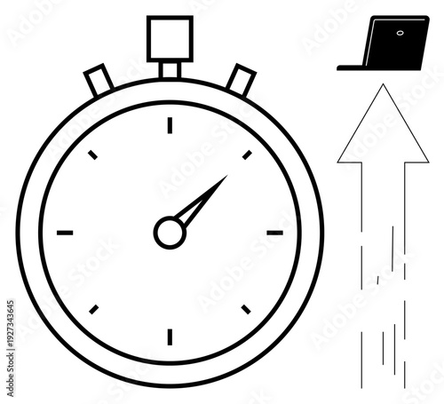 Time management, speed, productivity, efficiency, technology, workflow optimization. Black stopwatch with arrow pointing upward and a laptop icon nearby. Time management and speed concept
