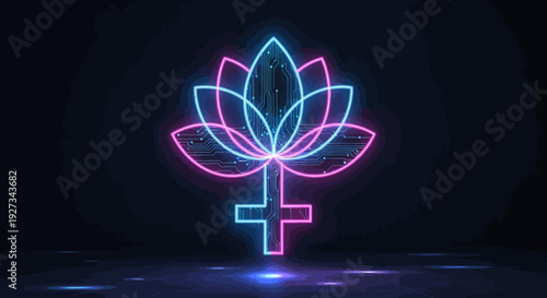 Neon female symbol with lotus flower illustration.
