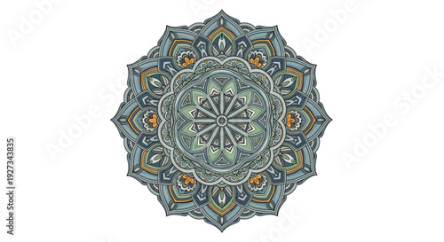 Intricate blue and orange mandala design on white background.