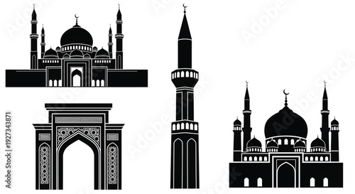 A collection of mosque silhouettes with minarets and domes