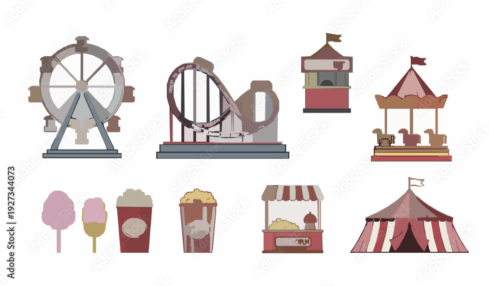 Fototapeta premium Amusement Park Icons Flat Vector Set