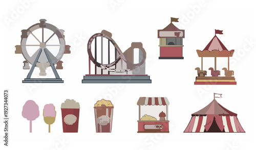 Amusement Park Icons Flat Vector Set