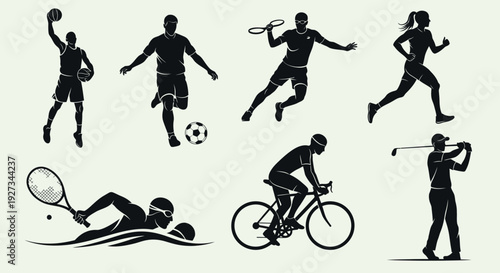 Silhouettes of athletes playing various sports like basketball, soccer, tennis, cycling, and golf.