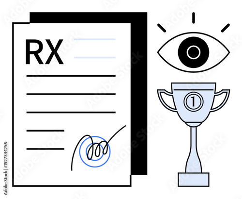 RX concept. RX prescription healthcare and recognition with award trophy. RX associated with eye health, quality care, and medical dedication. For healthcare, vision, wellness, awards and medical