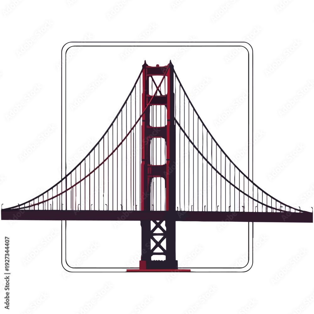 Fototapeta premium Stylized illustration of the iconic Golden Gate Bridge in a minimalist design with a rounded square frame.
