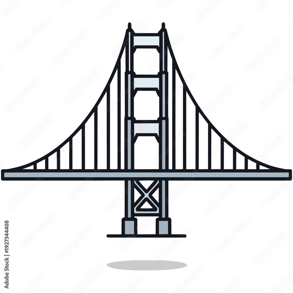 Fototapeta premium Stylized illustration of a suspension bridge with a blue-grey deck and towers, featuring a minimalist design and black outlines.