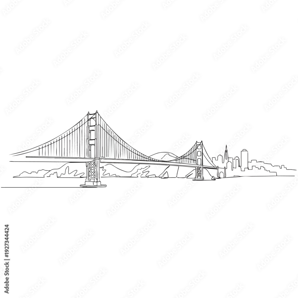 Fototapeta premium Detailed line art drawing of the iconic Golden Gate Bridge with a distant city skyline and mountains in the background, spanning a body of water.