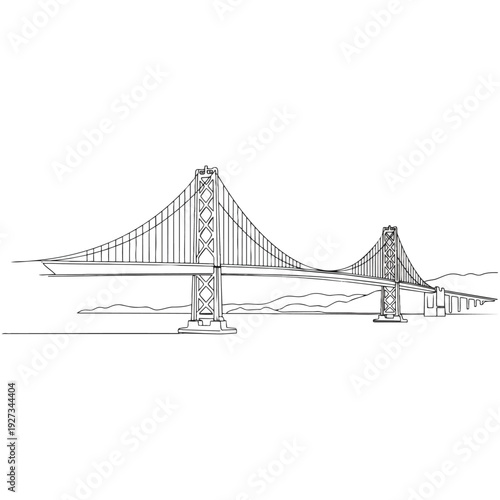 Line art illustration of a large suspension bridge spanning water with distant hills, featuring two prominent towers and intricate cable details.
