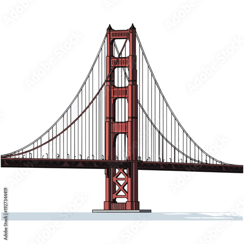 Stylized illustration of the iconic Golden Gate Bridge in San Francisco, featuring its distinctive red towers and suspension cables against a white background.