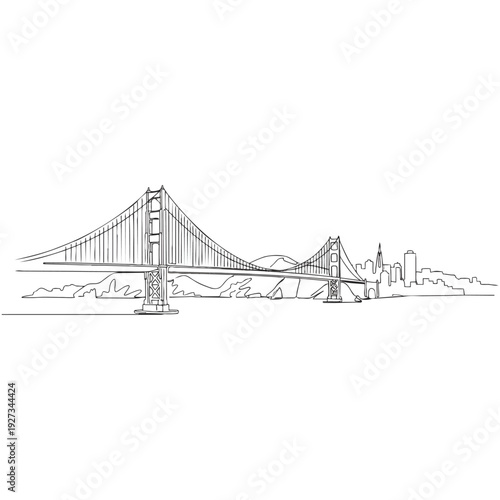 Detailed line art drawing of the iconic Golden Gate Bridge with a distant city skyline and mountains in the background, spanning a body of water.