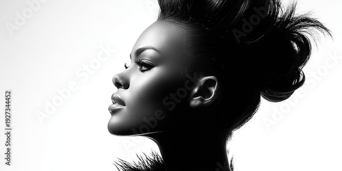 Elegant black and white portrait of a woman with dramatic hairstyle and makeup