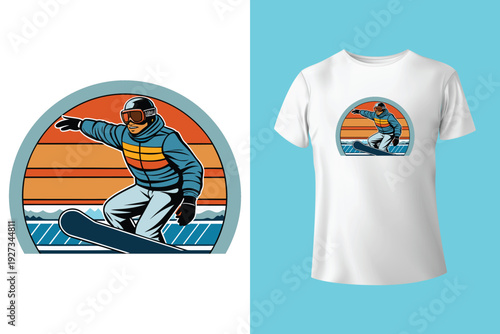 Grunge Snow Winter Sports T Shirt Design with Ski and Snowboard Extreme Adventure Vector