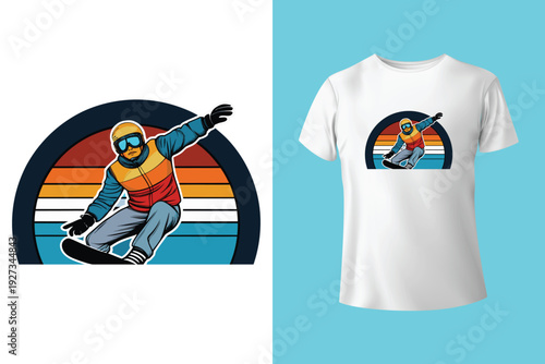 Grunge Snow Winter Sports T Shirt Design with Ski and Snowboard Extreme Adventure Vector