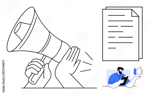 Marketing, communication strategies, online feedback, content creation, advertising, user engagement. A hand holding a megaphone, documents and a person giving feedback online. Marketing