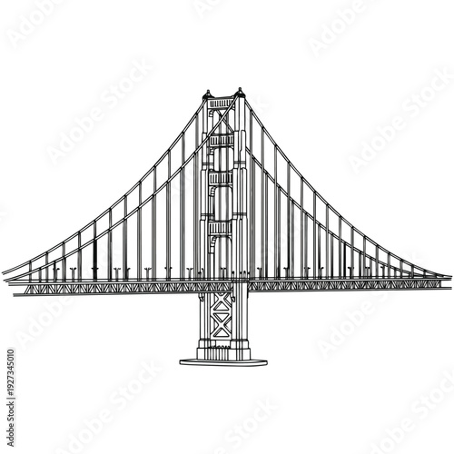 Detailed line drawing of a suspension bridge, showcasing its structural elements and iconic design.