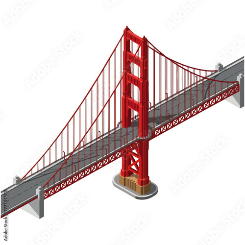 Isometric illustration of the iconic Golden Gate Bridge, a famous red suspension bridge with two towers and a roadway, isolated on a white background.