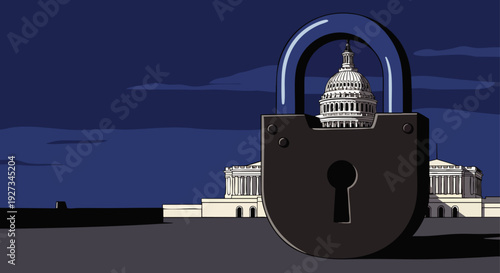 Symbolic image of a massive padlock placed before the United States Capitol building, illustrating government shutdown, political deadlock, or security concerns.