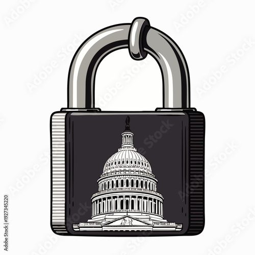 US Capitol building on a padlock, symbolizing government shutdown, political gridlock, security, and restricted access to democracy and policy-making.