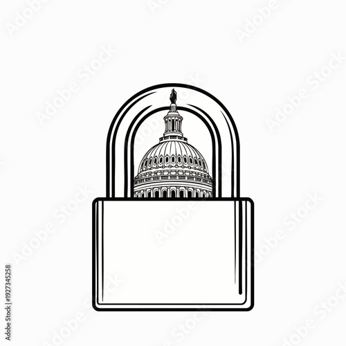 Black and white illustration of the US Capitol Building dome inside a padlock, symbolizing government security, protection, and American democracy.