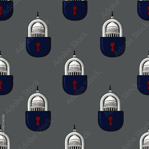 Seamless pattern of the US Capitol dome enclosed within dark blue padlocks, symbolizing government security, political lockdown, democratic protection, and legislative control.