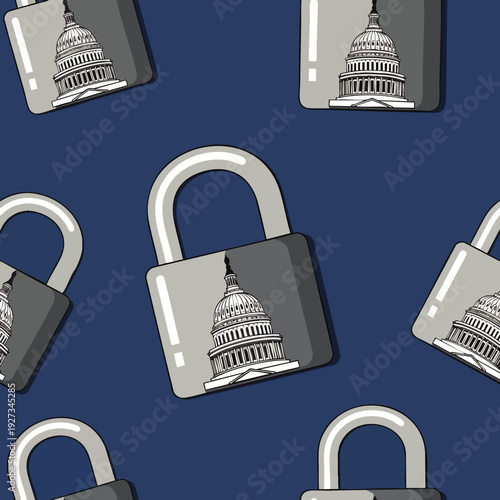 Seamless pattern of padlocks featuring the United States Capitol building, symbolizing government security, political lockdown, and restricted access.