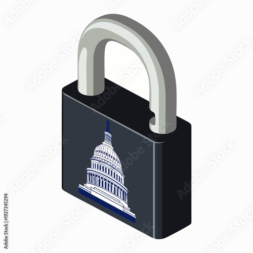 Isometric illustration of a dark padlock featuring the US Capitol Building, symbolizing government security, political access, legislative lockdown, and protected democracy.