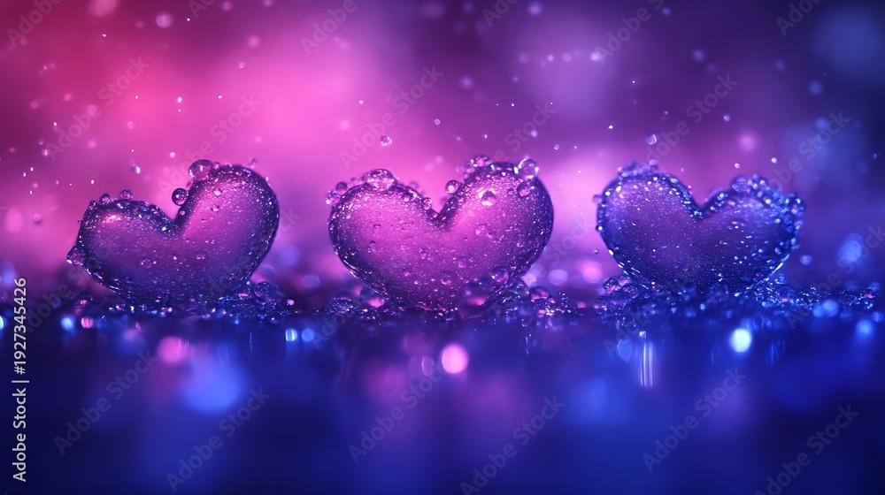 Obraz premium Three purple hearts, water droplets, bokeh, vibrant colors, romantic