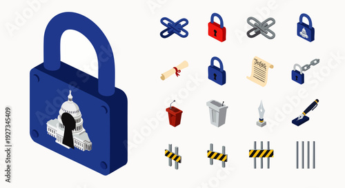 Isometric icons illustrating government, law, justice, and security concepts, featuring a padlock with the US Capitol, legal documents, gavels, and security barriers.