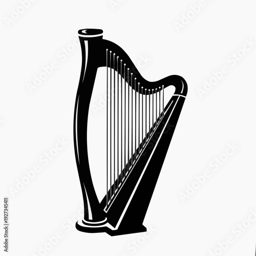 Elegant black silhouette of a classical Irish harp, a beautiful stringed musical instrument, isolated on white.