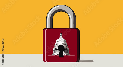 Symbolic image of the US Capitol building on a red padlock, representing government shutdown, political gridlock, restricted access, and security.