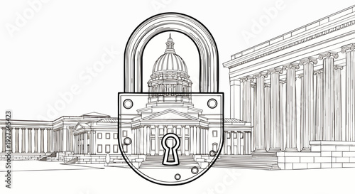 Conceptual sketch of a government building secured within a padlock, representing data privacy, restricted access, and legal protection of information.