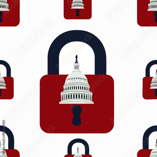 Seamless pattern of red padlocks featuring the U.S. Capitol building, symbolizing government security, political lockdown, and protection of democratic institutions.