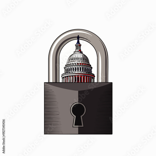 US Capitol Building locked inside a padlock, symbolizing government shutdown, political gridlock, security concerns, and legislative challenges in Washington D.C.