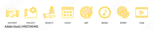 Sponsor Lineal Yellow Icon Set For Web Banner. Vector Illustration Concept With Some Icons. Designed In Lineal Yellow Style