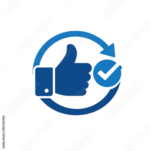Blue thumbs up sign with arrow and check mark symbol