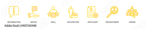 Job Fair Lineal Yellow Icon Set For Web Banner. Vector Illustration Concept With Some Icons. Designed In Lineal Yellow Style