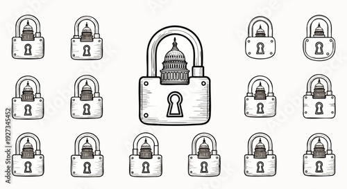 Hand-drawn illustration of the US Capitol building secured within multiple padlocks, symbolizing government protection, security, political control, or restricted access.