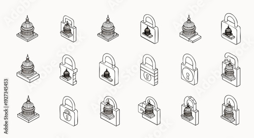 Isometric line art icons: government buildings and padlocks, symbolizing political security, data protection, restricted access, and digital privacy.