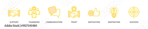 Collaboration Lineal Yellow Icon Set For Web Banner. Vector Illustration Concept With Some Icons. Designed In Lineal Yellow Style
