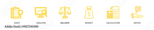 Accounting Lineal Yellow Icon Set For Web Banner. Vector Illustration Concept With Some Icons. Designed In Lineal Yellow Style