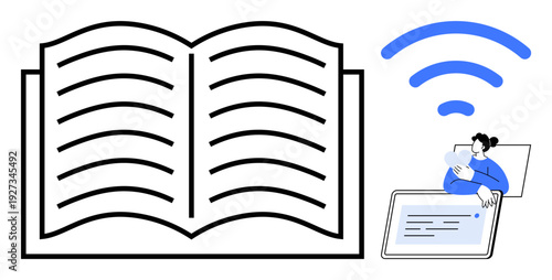 Digital learning. Open book and wireless symbol digital learning concepts. Digital learning connecting books to online platforms. For education, technology, e-learning, remote study, innovation