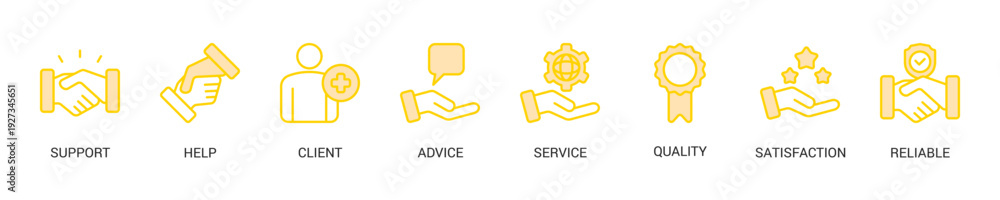 Fototapeta premium Customer Care Lineal Yellow Icon Set For Web Banner. Vector Illustration Concept With Some Icons. Designed In Lineal Yellow Style